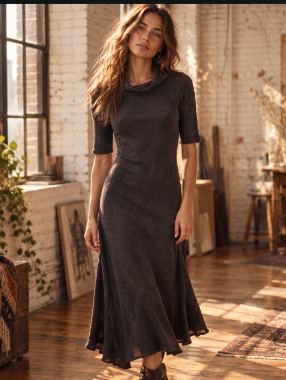Zara Ribbed Midi Dress in Charcoal Brown
